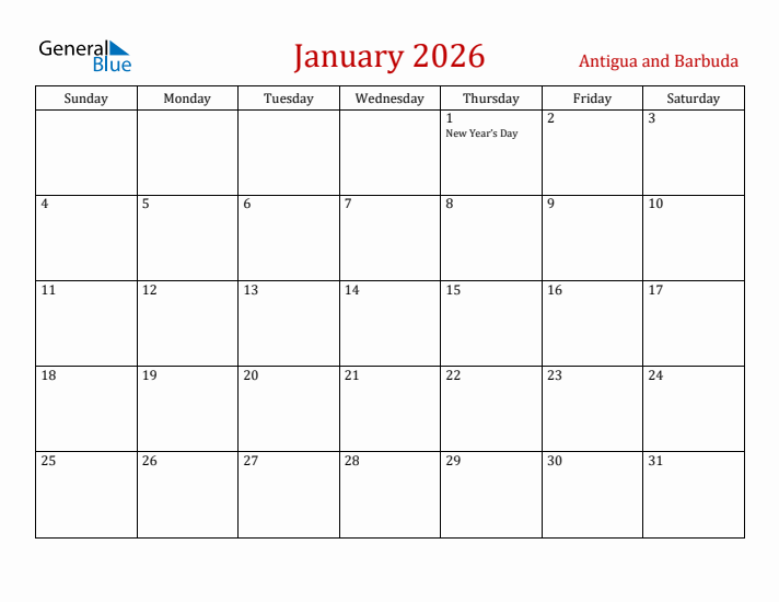 Antigua and Barbuda January 2026 Calendar - Sunday Start
