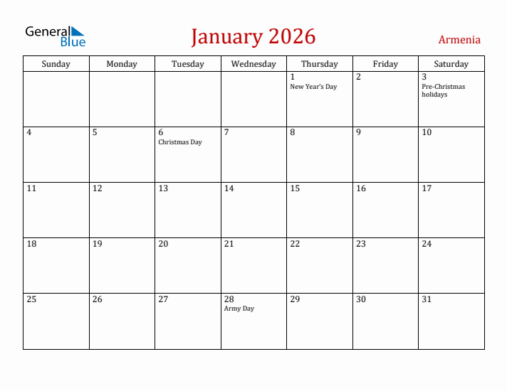 Armenia January 2026 Calendar - Sunday Start