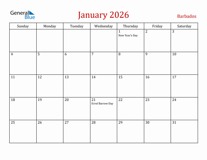 Barbados January 2026 Calendar - Sunday Start