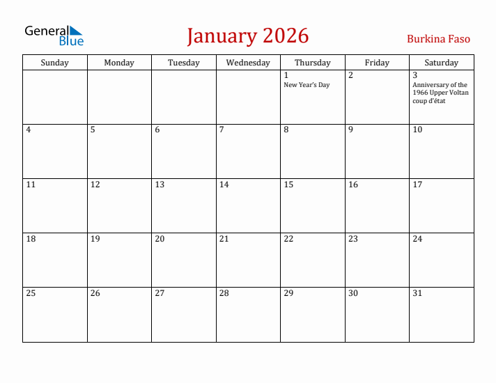 Burkina Faso January 2026 Calendar - Sunday Start