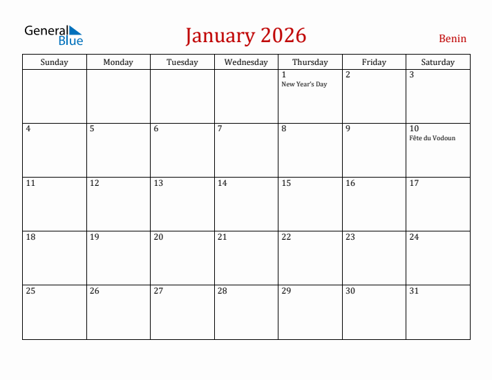 Benin January 2026 Calendar - Sunday Start