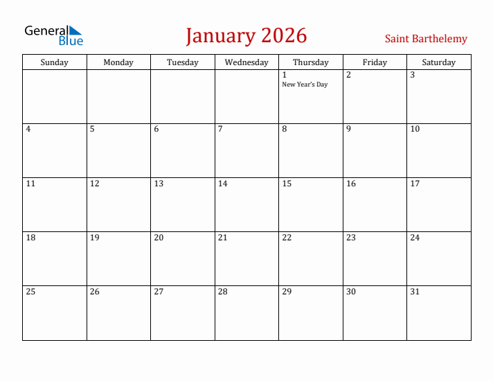 Saint Barthelemy January 2026 Calendar - Sunday Start