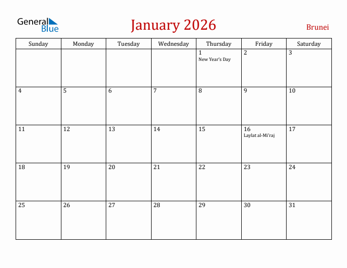 Brunei January 2026 Calendar - Sunday Start