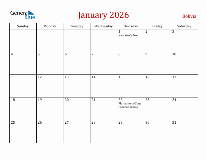 Bolivia January 2026 Calendar - Sunday Start