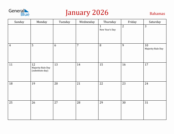 Bahamas January 2026 Calendar - Sunday Start