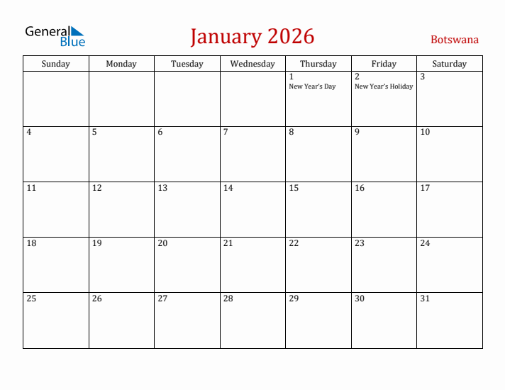 Botswana January 2026 Calendar - Sunday Start