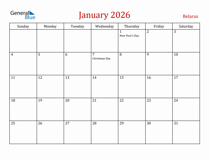 Belarus January 2026 Calendar - Sunday Start