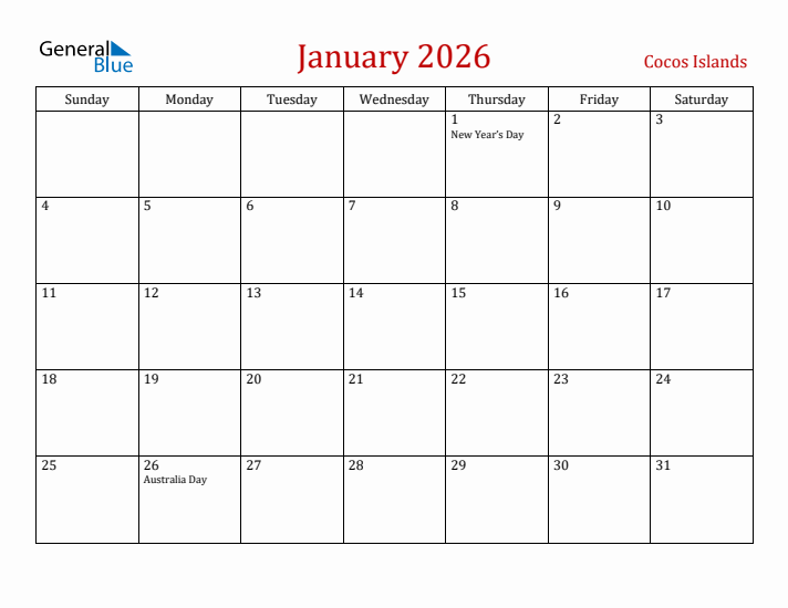 Cocos Islands January 2026 Calendar - Sunday Start