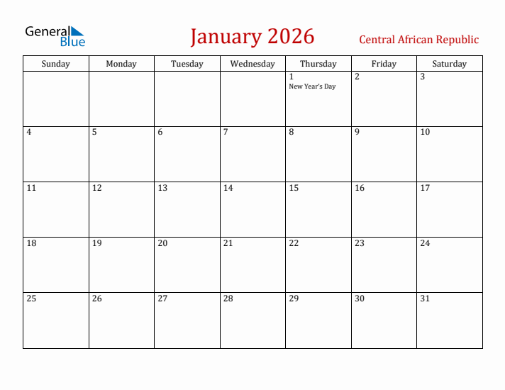 Central African Republic January 2026 Calendar - Sunday Start