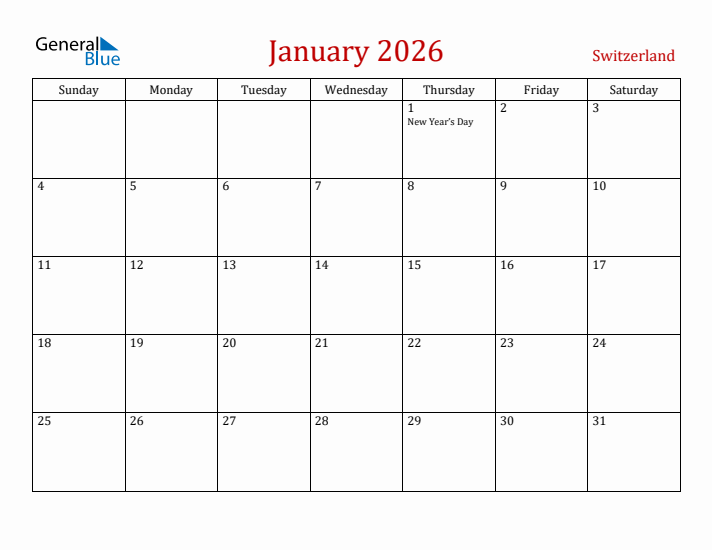Switzerland January 2026 Calendar - Sunday Start