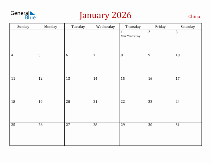 China January 2026 Calendar - Sunday Start