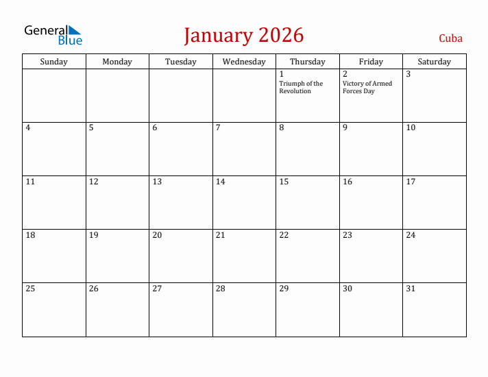 Cuba January 2026 Calendar - Sunday Start