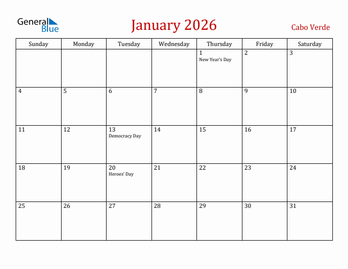 Cabo Verde January 2026 Calendar - Sunday Start