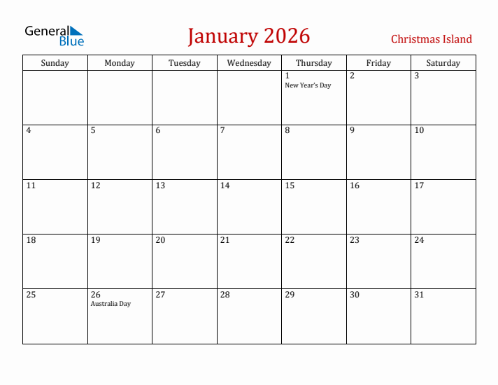 Christmas Island January 2026 Calendar - Sunday Start