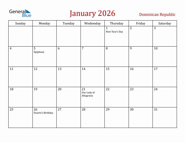 Dominican Republic January 2026 Calendar - Sunday Start