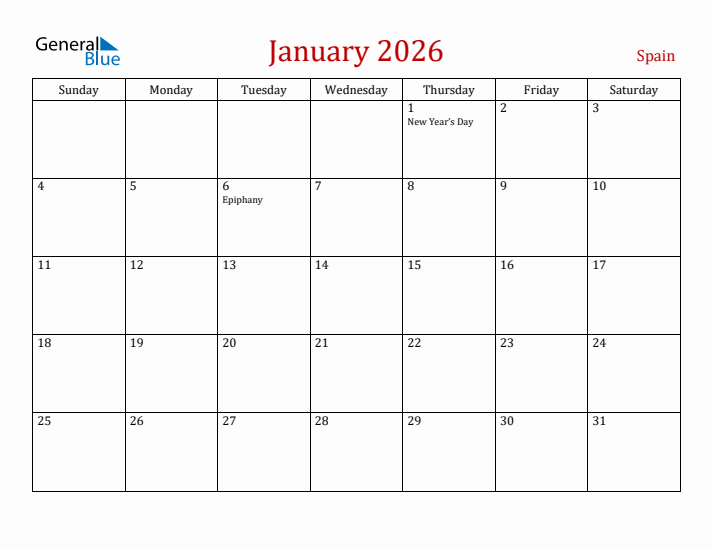 Spain January 2026 Calendar - Sunday Start