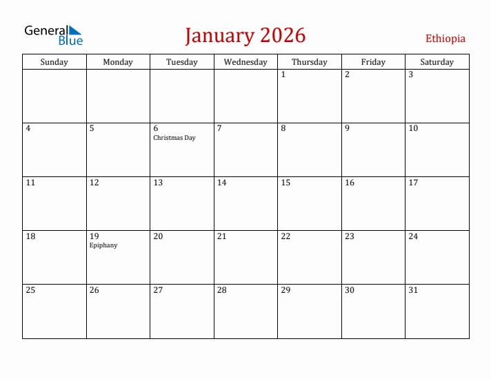 Ethiopia January 2026 Calendar - Sunday Start