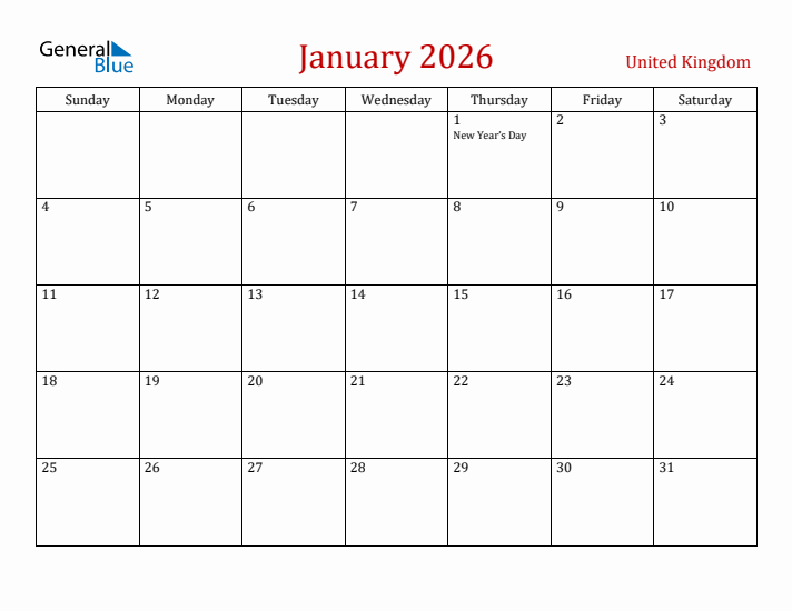 United Kingdom January 2026 Calendar - Sunday Start