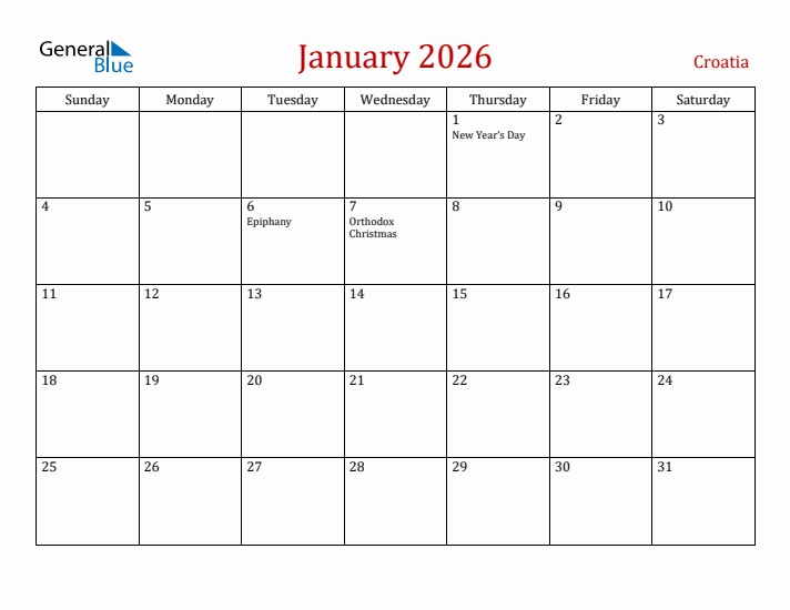 Croatia January 2026 Calendar - Sunday Start
