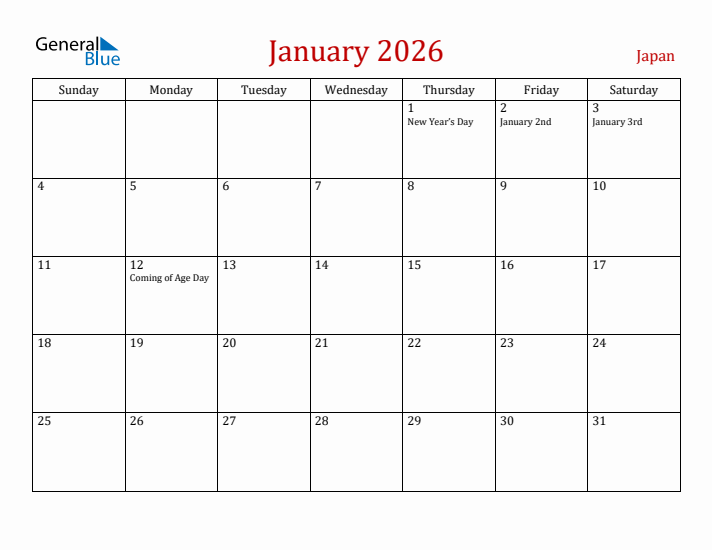 Japan January 2026 Calendar - Sunday Start