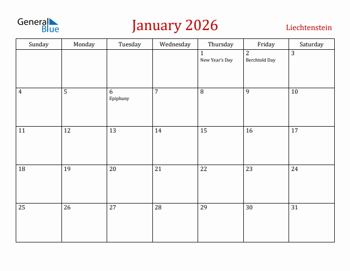Liechtenstein January 2026 Calendar - Sunday Start