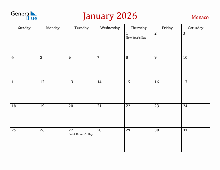 Monaco January 2026 Calendar - Sunday Start