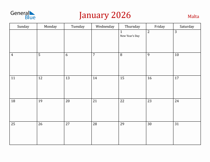 Malta January 2026 Calendar - Sunday Start