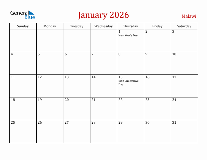 Malawi January 2026 Calendar - Sunday Start