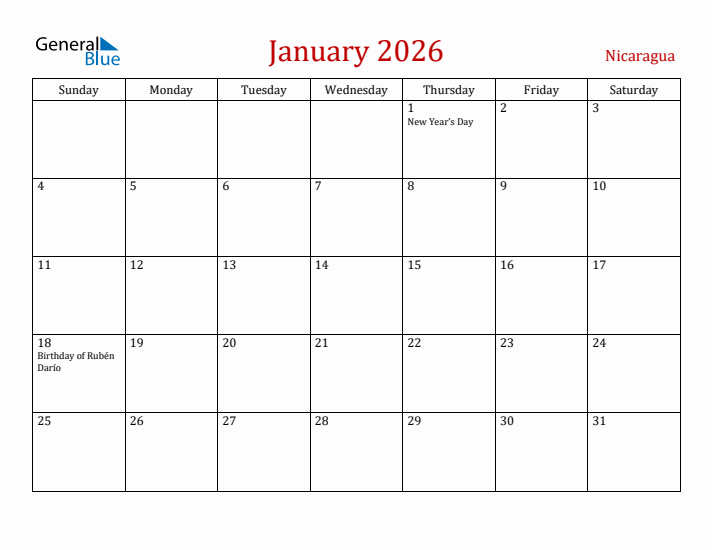 Nicaragua January 2026 Calendar - Sunday Start