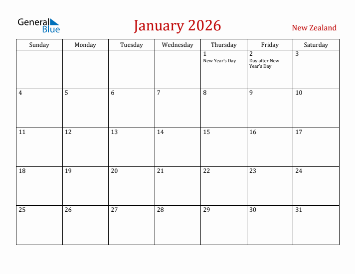 New Zealand January 2026 Calendar - Sunday Start