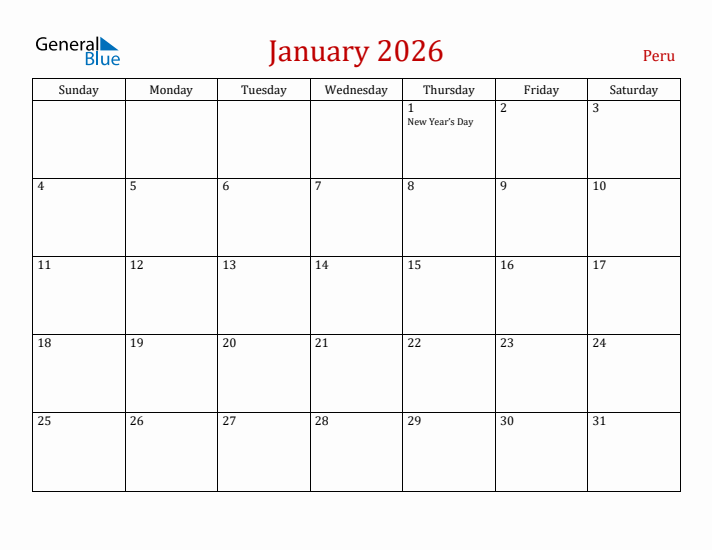 Peru January 2026 Calendar - Sunday Start