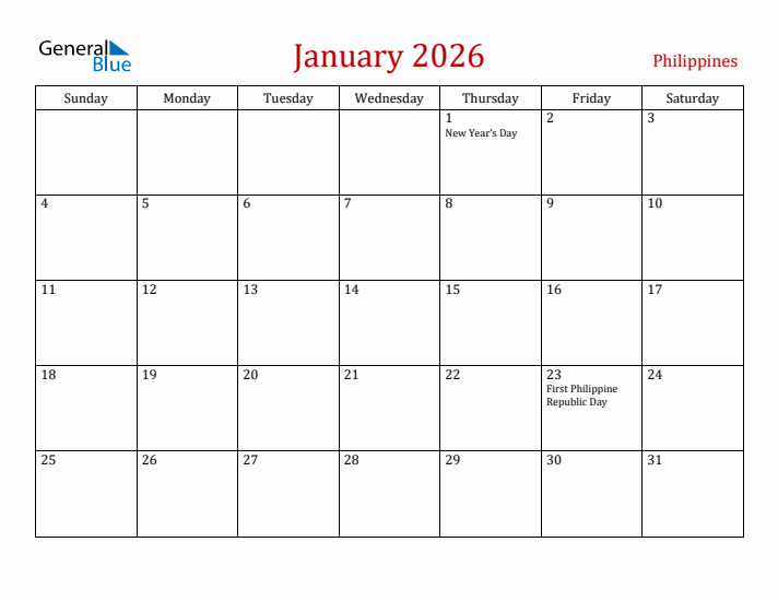 Philippines January 2026 Calendar - Sunday Start
