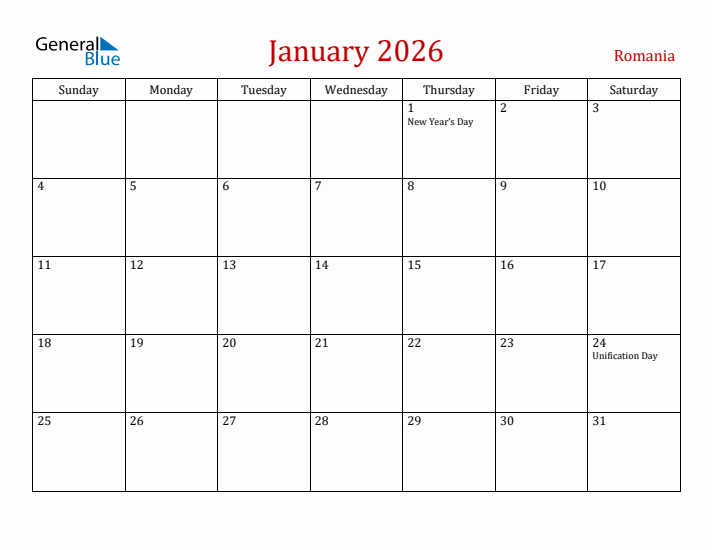 Romania January 2026 Calendar - Sunday Start