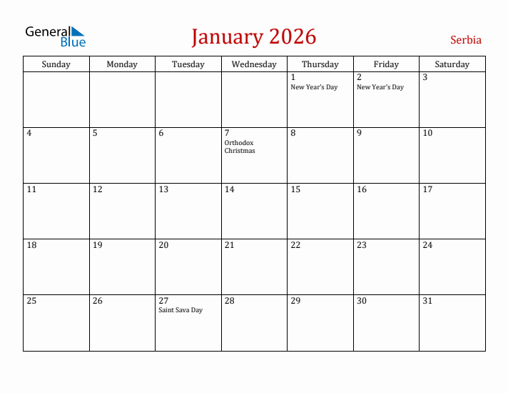 Serbia January 2026 Calendar - Sunday Start