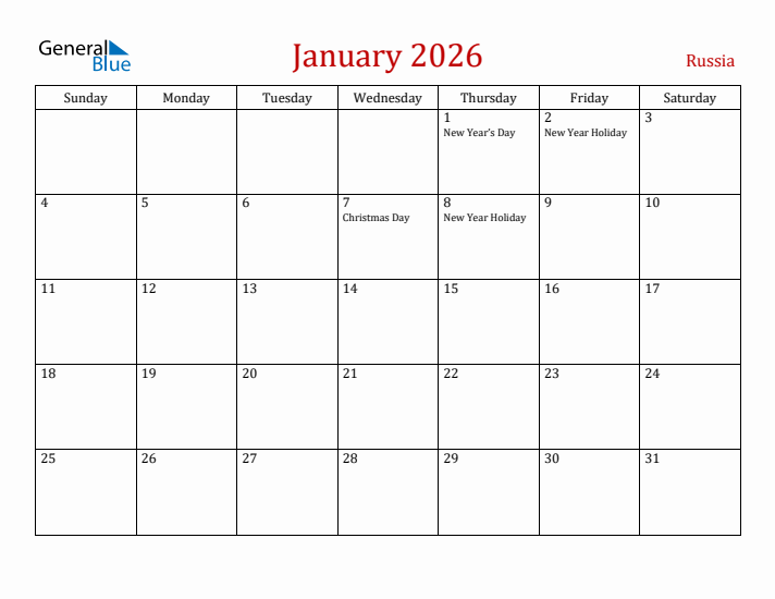 Russia January 2026 Calendar - Sunday Start
