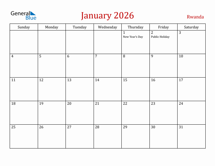 Rwanda January 2026 Calendar - Sunday Start