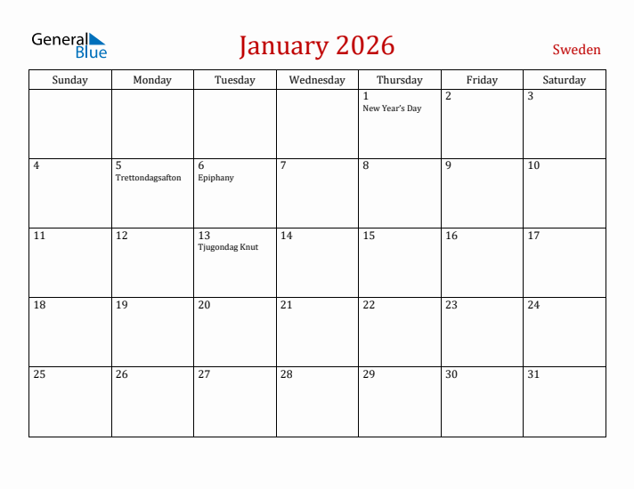Sweden January 2026 Calendar - Sunday Start
