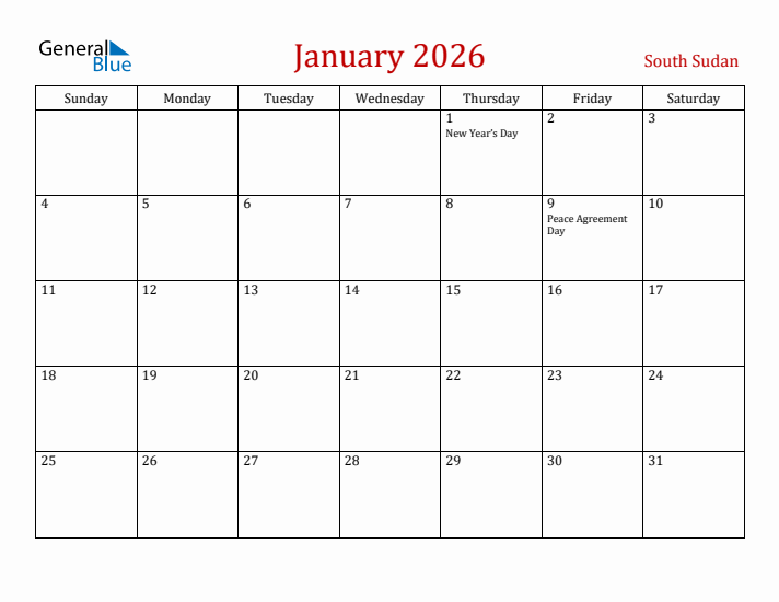 South Sudan January 2026 Calendar - Sunday Start