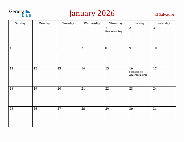 El Salvador January 2026 Calendar - Sunday Start