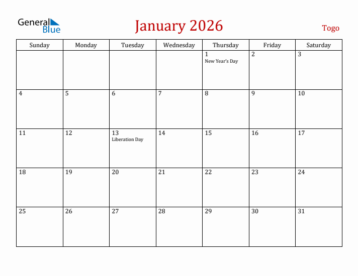 Togo January 2026 Calendar - Sunday Start