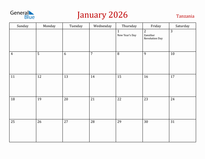 Tanzania January 2026 Calendar - Sunday Start