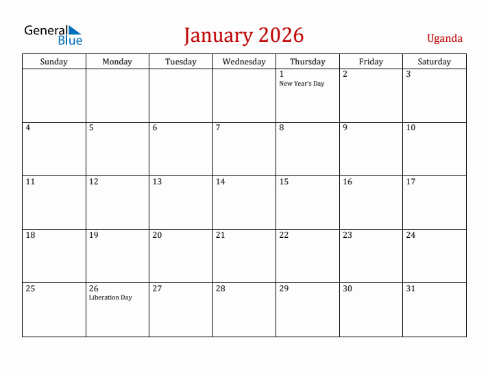 Uganda January 2026 Calendar - Sunday Start
