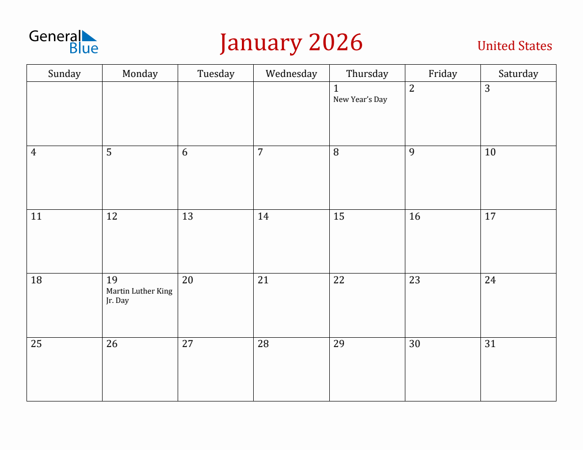 January 2026 United States Monthly Calendar with Holidays