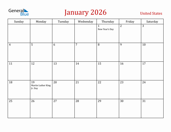 United States January 2026 Calendar - Sunday Start