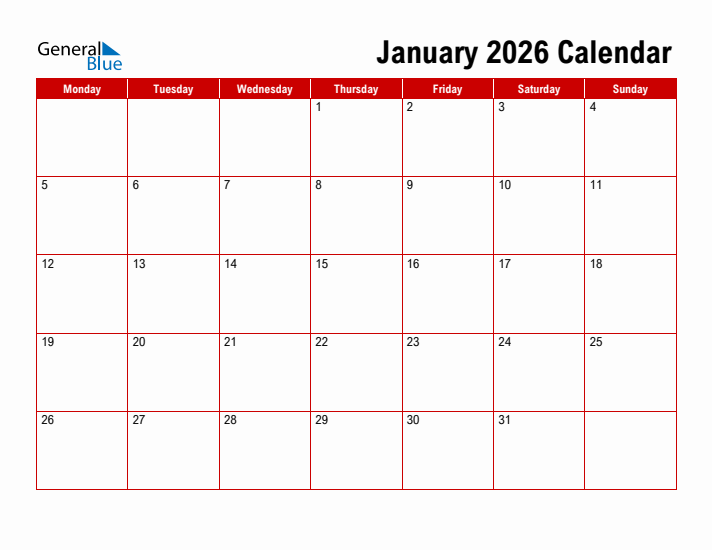 Simple Monthly Calendar - January 2026