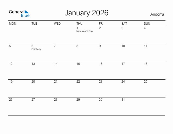 Printable January 2026 Calendar for Andorra