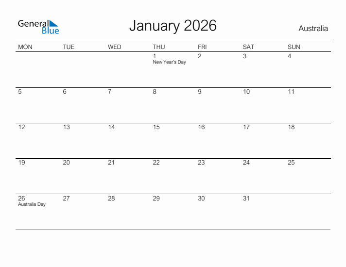 Printable January 2026 Calendar for Australia