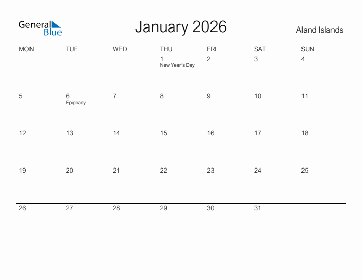 Printable January 2026 Calendar for Aland Islands