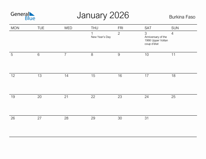 Printable January 2026 Calendar for Burkina Faso