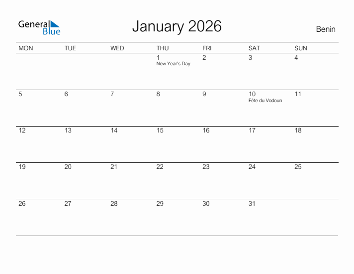 Printable January 2026 Calendar for Benin